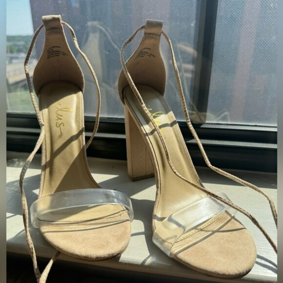 Lulu’s Nude Block Clear Strap Lace Up Strappy Heel Sandals (Style Morini 8.5) - Picture 1 of 9